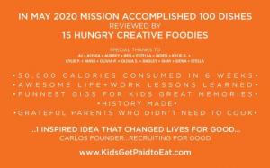 In March 2020, Recruiting for Good created sweet kid community gig 'Kids Get Paid to Eat.' On the gig kids tasted and reviewed 100 dishes in LA. #kidsgetpaidtoeat #goodfoodinthehood www.KidsGetPaidtoEat.com