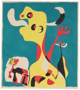 Superb pochoir in colors by Joan Miro titled Femme et Chien devant la Lune, 1936.
