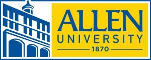 Allen University Logo, yellow background with blue writing that reads Allen University 1870 accompanied by sketch of building