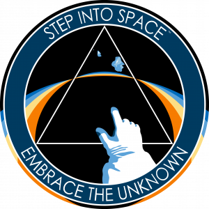 Logo for the new presentation from Astronaut John "Danny" Olivas titled Step Into Space - Embrace the Unknown, shows an illustration of a hand in space in an EVA glove pointing towards the Space/Earth horizon line (and towards the Magellenic Clouds) throu