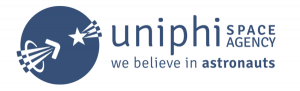 official logo for the only Astronaut talent management agency uniphi space agency is blue with a logo that includes a combination of the uniphi logo and an interpretation of an Astronaut symbol