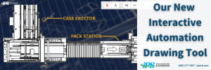 navy blue graphing paper with white line drawing of automated packaging line text says our new interactive automation drawing tool