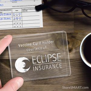 A vaccine card pocket with a company's name and logo printed on it.