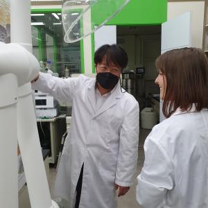 Dr. Haeshin Lee and the project manager in the lab.