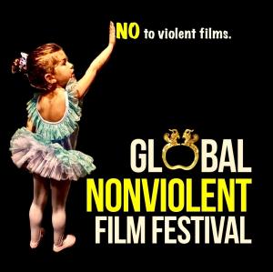 The logo of Global Nonviolent Film Festival features little girl dressed as a ballerina pointing to the writing "NO to violent films."