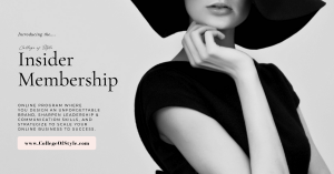 Insider Membership, woman in black dress with fashion hat holding hand to chin, with text describing the Insider Membership at College of Style as the #1 Online Business Brand Builder