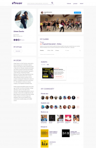 A sample Bopsidy profile page for a dance instructor showcasing a video, her bio, classes, events and community.