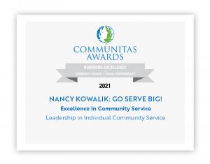 Certificate of Nancy Kowalik's Award from Communitas