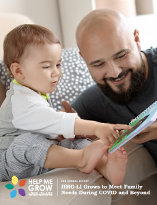 Cover image shows father reading to toddler; Report title is 2nd Annual Report: HMG-LI Grows to Meet Family Needs During COVID and Beyond