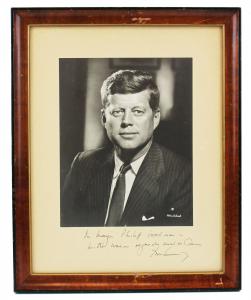 John F. Kennedy’s signed and dedicated black and white photo of himself to Baltimore’s mayor (est. $3,000-$3,500)..