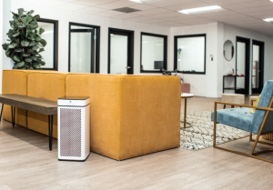 An image of a Medify Air purifier in an office lobby.