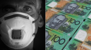 Image of respirator mask and cash illustrating link between COVID and physical cash