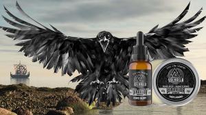 Valhalla Legend - Viking Beard and Skin Care - Raven in flight behind a beard balm and beard oil. Landscape behind the raven is a norse landscape with viking ship.