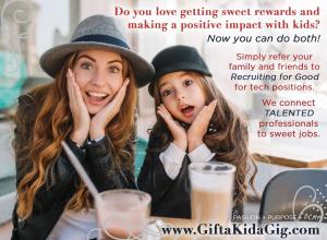 Refer your talented co-worker, family, or friend to Recruiting for Good for professional jobs, earn foodie reward, and gift a kid a sweet gig #helpyourfriends #landsweetjobs #giftakidagig www.RecruitingforGood.com