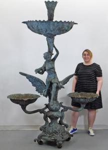 Early 20th century bronze Art Nouveau three-basin fountain, 92 inches tall by 62 ½ inches wide. Estimate: $2,000-$3,000.