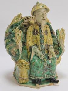 19th century Chinese porcelain Sancai statue of a seated bearded man (or emperor). Estimate: $1,000-$2,000.