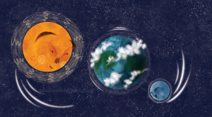 an illustration of the mon running away from the sun as the move around the earth. an illustration from a kids book of a smiling orange sun and an annoyed moon