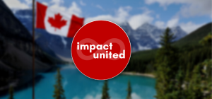 Logo of Impact United on a blurred background of mountainous landscape with Canadian flag