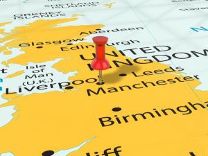 Pushpin on Manchester map background. 3D illustration.