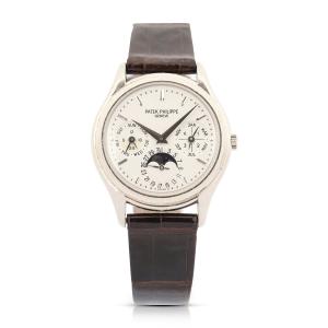Patek Philippe Reference 3940 perpetual calendar men’s watch with 18kt white gold case and clasp (CA$50,150).