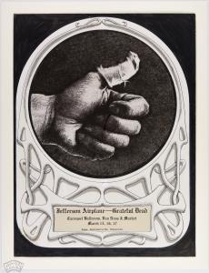 Art of Bandaged thumb in center surrounded by bold illustration