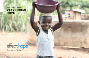Cover of Report. Image: Small boy carrying a large bowl on his head. Bottom left corner, the Effect Hope logo. Top Left corner, text: "2020 Annual Report: Determined Hope"