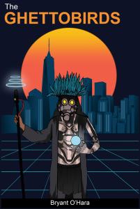Book cover showing futuristic city with futuristic shaman in the foreground.