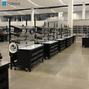 Formaspace makes custom furniture for a wide range of customers, from offices and schools to laboratories and manufacturing facilities. Shown above are height-adjustable, ergonomic workbenches designed for employees working multiple shifts around the cloc