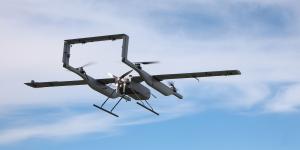 A Pegasus Imagery PV-02 is shown in flight. The PV-02 Eos is a fixed-wing class III VTOL RPAS.