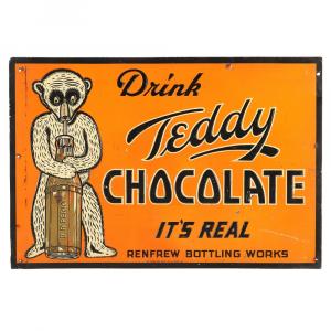 Teddy Chocolate Soda single-sided embossed lithographed tin sign (Canadian, 1920s), 13 ½ inches by 20 inches (CA$5,015).