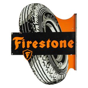 Firestone Tires double-sided porcelain wall mounting porcelain flange sign (1940s), marked “Made in USA”, 36 inches by 28 ¼ inches (CA$5,015).