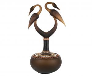 Bronze frosted glass pitcher with two birds on top and bead strands around the neck by Sabrina Knowles & Jenny Pohlman. Estimate: $2,000-$4,000.