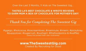 In March 2021, 11 kids worked on The Sweetest Gig, reviewing LA's Best Chocolate and earning a box of chocolate for mom on Mother's Day #thesweetestgig #mothersday www.TheSweetestGig.com