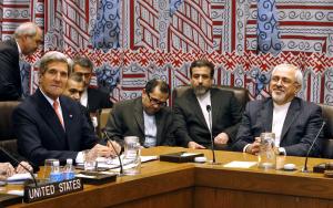 Former U.S. Secretary of State John Kerry and Iranian Foreign Minister Mohammad Javad Zarif meeting at U.N. headquarters in 2013. (Jason DeCrow/AP)