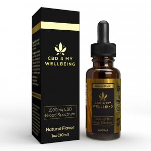 1500mg Broad spectrum 30ml oil on right side of black and gold leaf packaging box