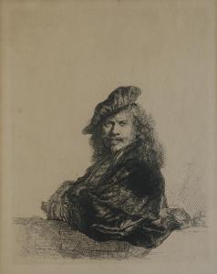 The auction will include two Rembrandt etchings, both signed within the plate, including this self-portrait, titled Self-Portrait Leaning on a Stone Sill (1639)