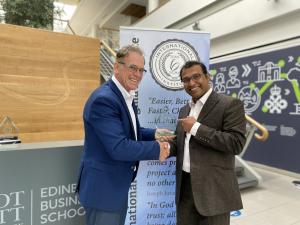 Professor Jiju Antony receives the ILSSI Lifetime Outstanding Contribution award from John Dennis, Chairman of the International Lean Six Sigma Institute, at the Edinburgh Business School, Scotland