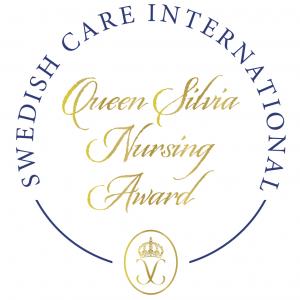 The Queen Silvia Nursing Award's circular logo is seen. Following the circular shape is the name of the founding organization, Swedish Care International. Within the circle are the words "Queen Silvia Nursing Award" highly stylised. At the bottom of the c