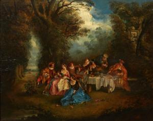 Unsigned 18th century oil on board painted in the manner of Antoine Watteau (French, 1684-1721), titled Fete Galante Picnic, 17 ½ inches by 21 ¼ inches (estimate: 3,000-$5,000).