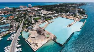 Hurricane Hole Superyacht Marina at Paradise Landing aerial view of construction progress