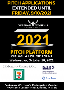 VWEC 2021 Pitch Platform - Open Application Extended Until Friday, September 10, 2021, 11:59PM CST. This platform is a part of the Veteran Women's Enterprise Center (VWEC) 4th Annual National Business Women's Week Conference on Wednesday, October 20, 2021. 