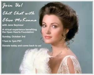 The invitation is a photo of Jane Seymour as Elise McKenna in the movie Somewhere In Time with the date and times for the "Chit Chat with Elise McKenna" on October 3rd