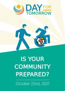 Day for tomorrow poster with image of wheelchair pushing together with a walking person up hill with text: Is your community prepared?