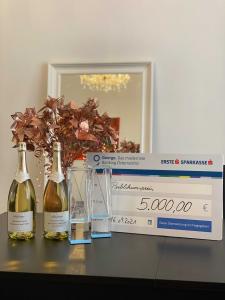 SkinScreener wins Start-up-of-the-Year and Audience Award at the futurezone Awards in Vienna. The picture shows the two awards together with two bottles of champagner.