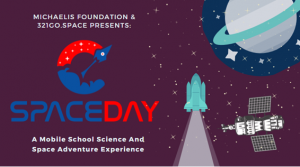 A imagem mostra o logo do Space Day com informações básicas como o fato do evento ser uma experiência para instituições de ensino.