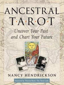 A full-color tarot card, The Sun, placed between two black & white photos - one a photo of an old-world, multi-ethnic couple, the other a young woman from the 1940s dressed in summer clothes stands in front of a large palm tree. A faded parchment-paper ma