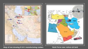 October 6, 2021 - Map of Iran showing 8 UAV manufacturing centers, and Quds Force uses various air land.