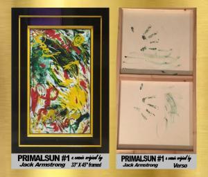 Front & Verso picture of Primalsun #! is a medium textured acrylic on canvas signed original. An early example of the cosmic x work by Jack Armstrong.  Unique, 1 of only 100 cosmic paintings in the world. Value circa $2 million in 2017..