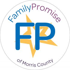 A round logo with a white background; centered text overlays a yellow star (at top left). Text is blue and purple. It reads: Family Promise of Morris County.