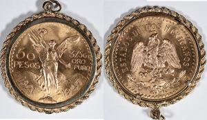 50-peso Mexican gold coin from 1947 with a 14-carat bezel (estimate: 2,600-$3,000).